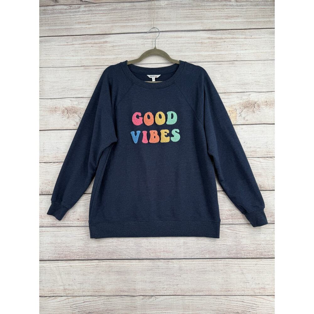 Wildfox Good Vibes Embroidered Crewneck‎ Sweatshirt Womens Small Blue